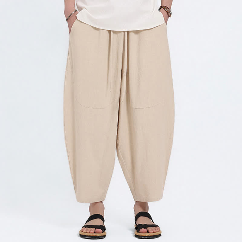 Buddha Stones Summer Casual Drawstring Solid Cotton Linen Capri Pants Men's Harem Pants With Pockets