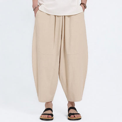 Buddha Stones Summer Casual Drawstring Solid Cotton Linen Capri Pants Men's Harem Pants With Pockets