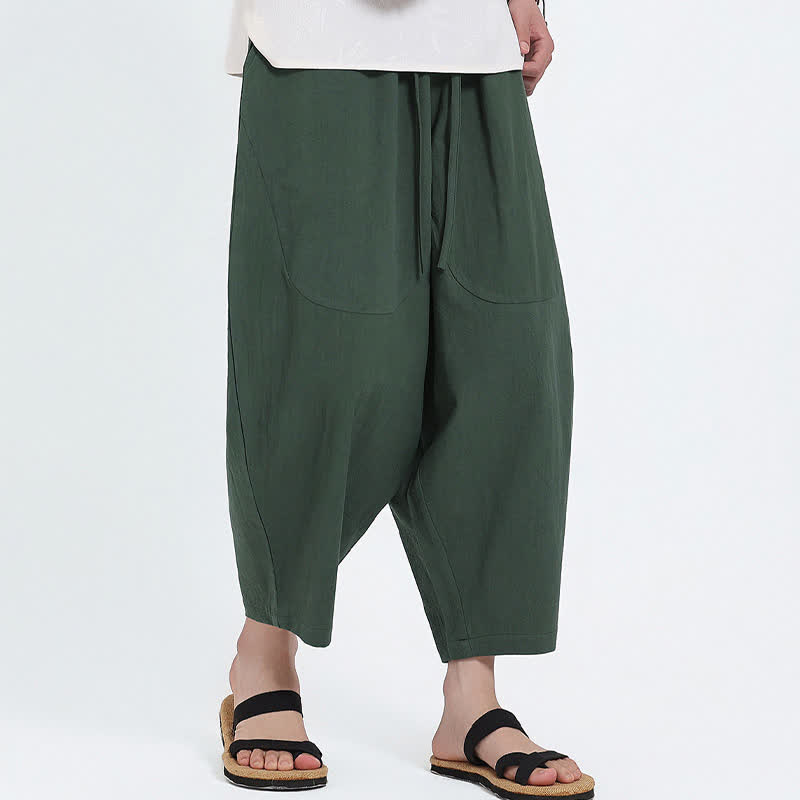 Buddha Stones Summer Casual Drawstring Solid Cotton Linen Capri Pants Men's Harem Pants With Pockets