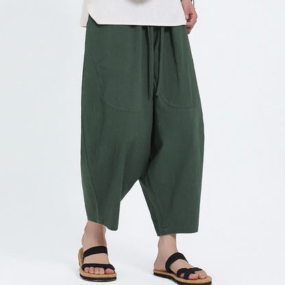 Buddha Stones Summer Casual Drawstring Solid Cotton Linen Capri Pants Men's Harem Pants With Pockets