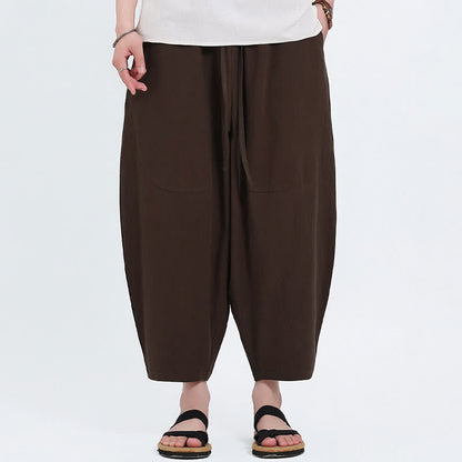 Buddha Stones Summer Casual Drawstring Solid Cotton Linen Capri Pants Men's Harem Pants With Pockets
