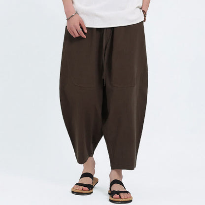Buddha Stones Summer Casual Drawstring Solid Cotton Linen Capri Pants Men's Harem Pants With Pockets