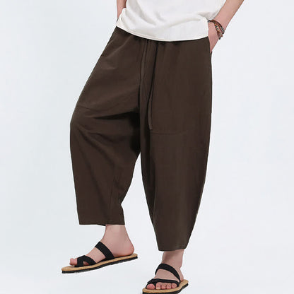 Buddha Stones Summer Casual Drawstring Solid Cotton Linen Capri Pants Men's Harem Pants With Pockets