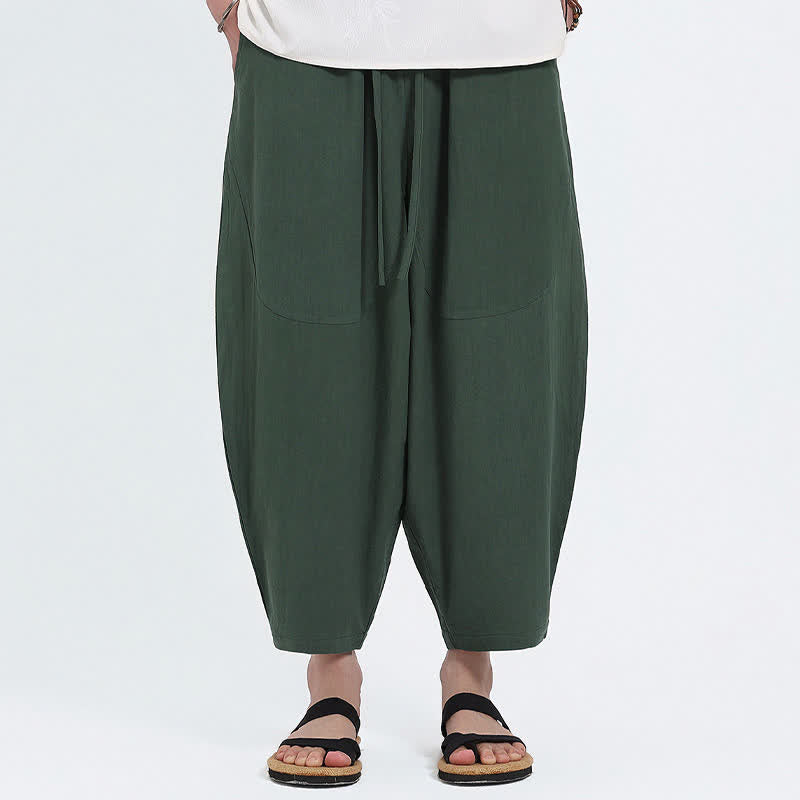 Buddha Stones Summer Casual Drawstring Solid Cotton Linen Capri Pants Men's Harem Pants With Pockets