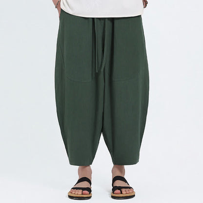 Buddha Stones Summer Casual Drawstring Solid Cotton Linen Capri Pants Men's Harem Pants With Pockets