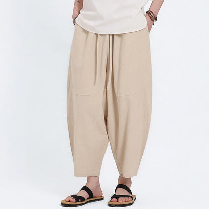 Buddha Stones Summer Casual Drawstring Solid Cotton Linen Capri Pants Men's Harem Pants With Pockets