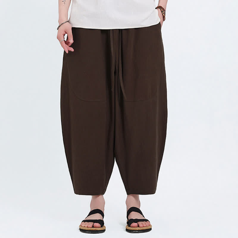 Buddha Stones Summer Casual Drawstring Solid Cotton Linen Capri Pants Men's Harem Pants With Pockets