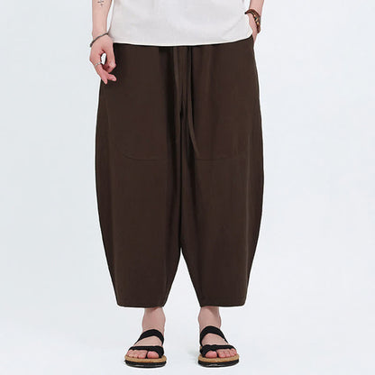 Buddha Stones Summer Casual Drawstring Solid Cotton Linen Capri Pants Men's Harem Pants With Pockets