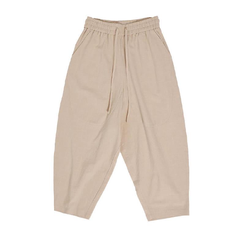 Buddha Stones Summer Casual Drawstring Solid Cotton Linen Capri Pants Men's Harem Pants With Pockets