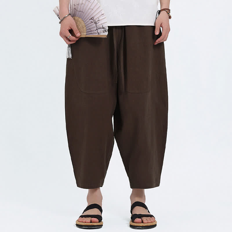 Buddha Stones Summer Casual Drawstring Solid Cotton Linen Capri Pants Men's Harem Pants With Pockets