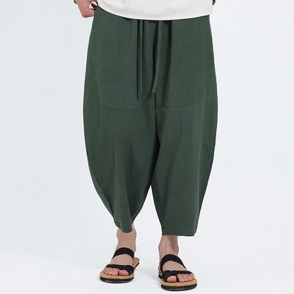 Buddha Stones Summer Casual Drawstring Solid Cotton Linen Capri Pants Men's Harem Pants With Pockets