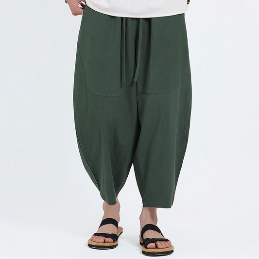 Buddha Stones Summer Casual Drawstring Solid Cotton Linen Capri Pants Men's Harem Pants With Pockets