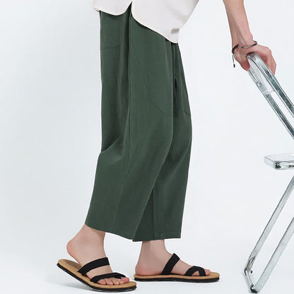 Buddha Stones Summer Casual Drawstring Solid Cotton Linen Capri Pants Men's Harem Pants With Pockets