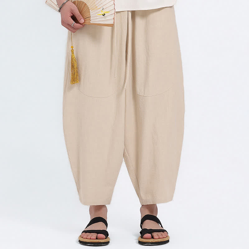 Buddha Stones Summer Casual Drawstring Solid Cotton Linen Capri Pants Men's Harem Pants With Pockets
