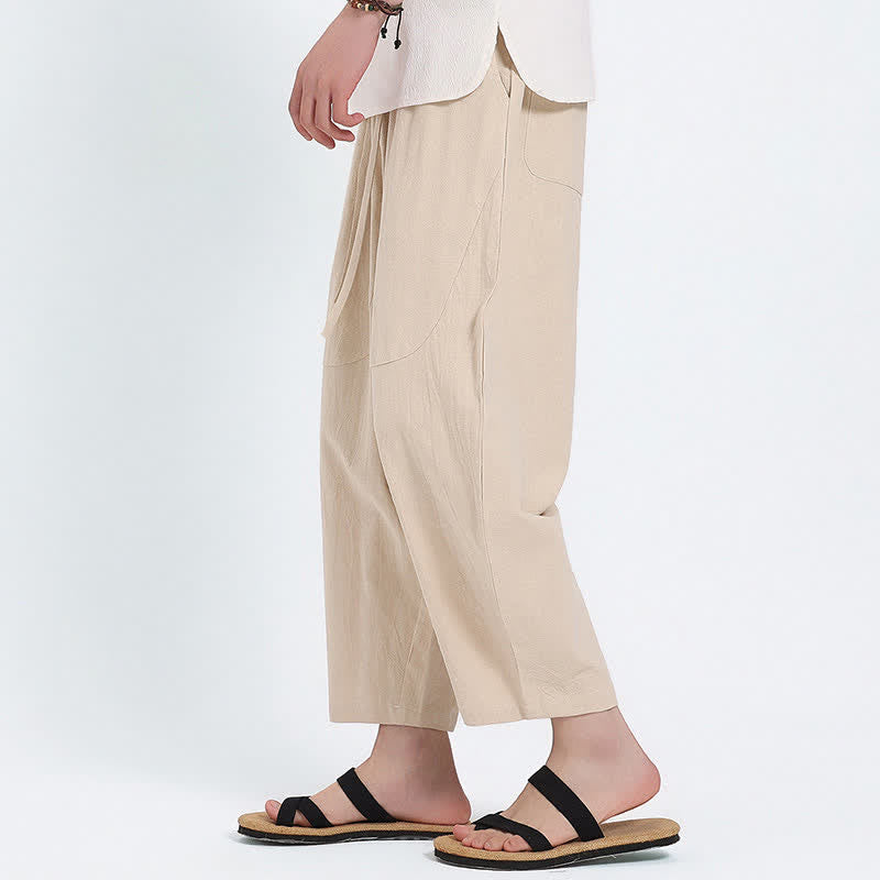 Buddha Stones Summer Casual Drawstring Solid Cotton Linen Capri Pants Men's Harem Pants With Pockets