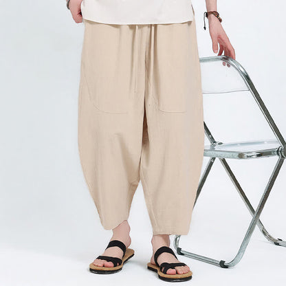 Buddha Stones Summer Casual Drawstring Solid Cotton Linen Capri Pants Men's Harem Pants With Pockets
