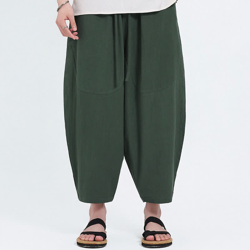 Buddha Stones Summer Casual Drawstring Solid Cotton Linen Capri Pants Men's Harem Pants With Pockets