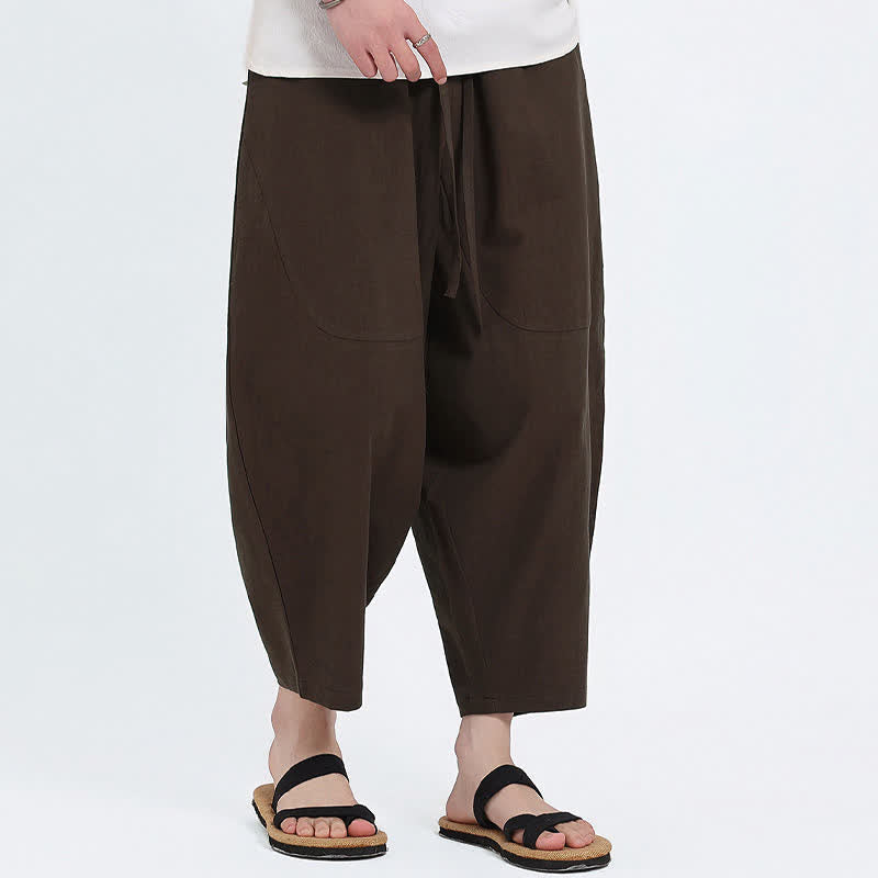 Buddha Stones Summer Casual Drawstring Solid Cotton Linen Capri Pants Men's Harem Pants With Pockets