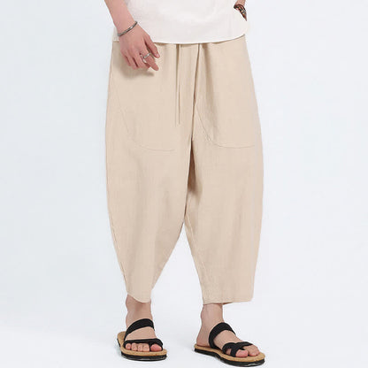Buddha Stones Summer Casual Drawstring Solid Cotton Linen Capri Pants Men's Harem Pants With Pockets