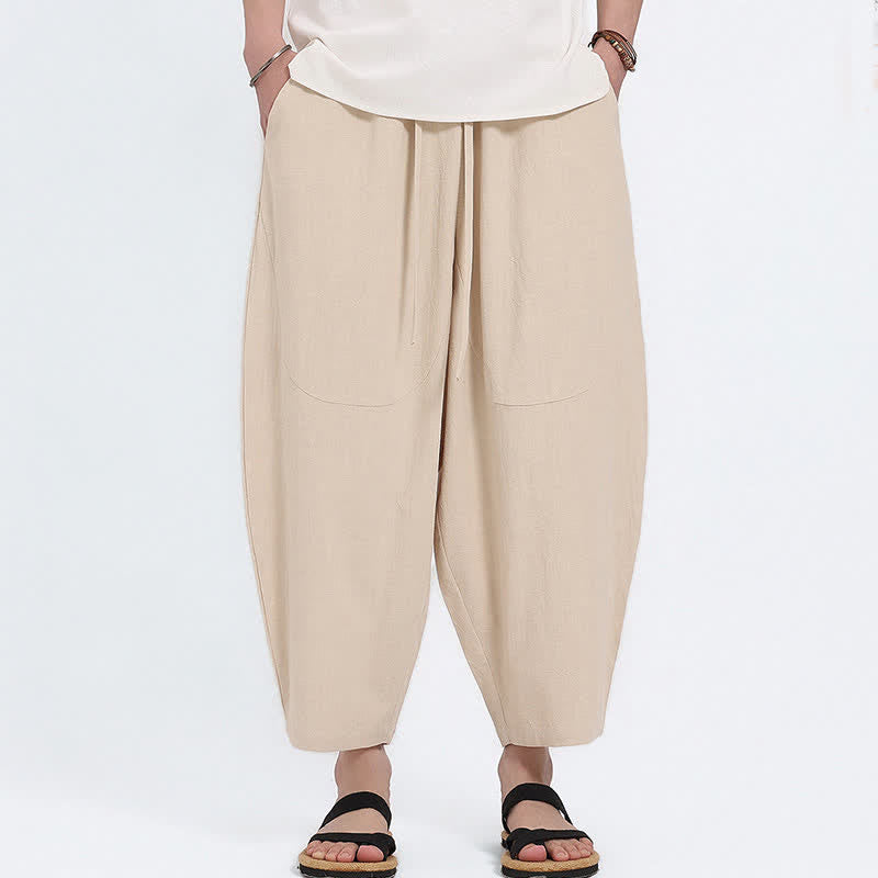 Buddha Stones Summer Casual Drawstring Solid Cotton Linen Capri Pants Men's Harem Pants With Pockets