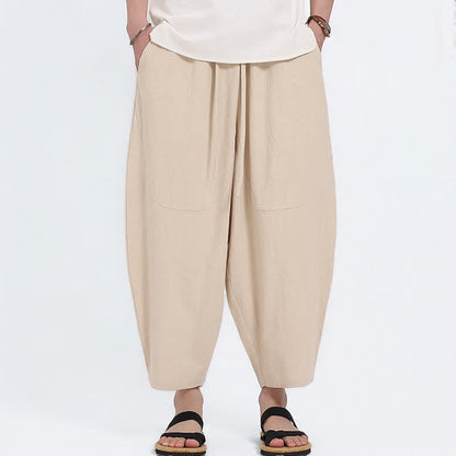 Buddha Stones Summer Casual Drawstring Solid Cotton Linen Capri Pants Men's Harem Pants With Pockets