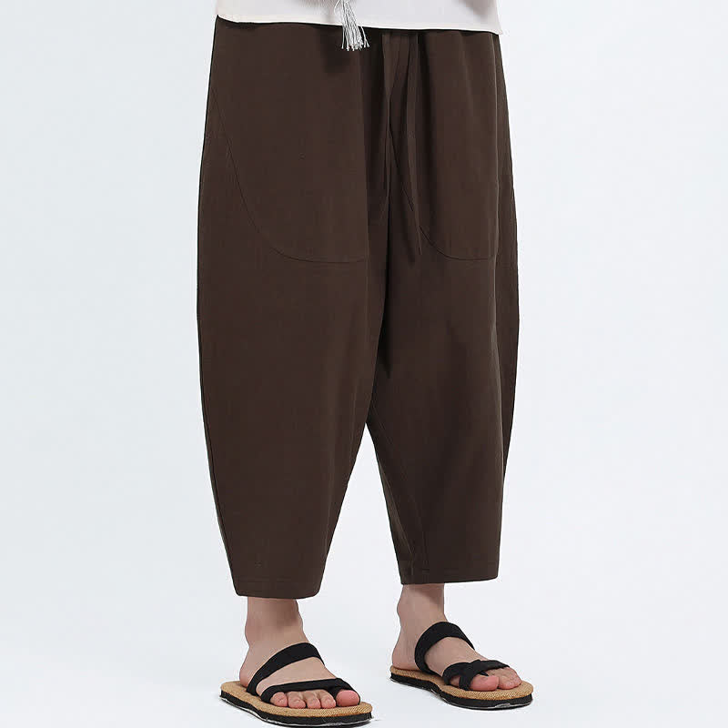 Buddha Stones Summer Casual Drawstring Solid Cotton Linen Capri Pants Men's Harem Pants With Pockets