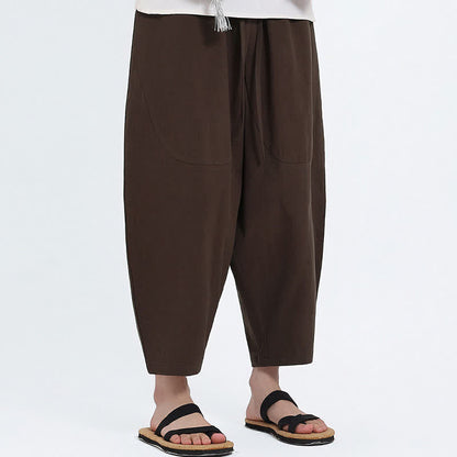 Buddha Stones Summer Casual Drawstring Solid Cotton Linen Capri Pants Men's Harem Pants With Pockets