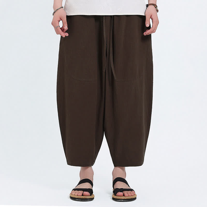 Buddha Stones Summer Casual Drawstring Solid Cotton Linen Capri Pants Men's Harem Pants With Pockets