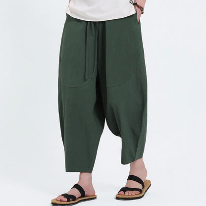 Buddha Stones Summer Casual Drawstring Solid Cotton Linen Capri Pants Men's Harem Pants With Pockets