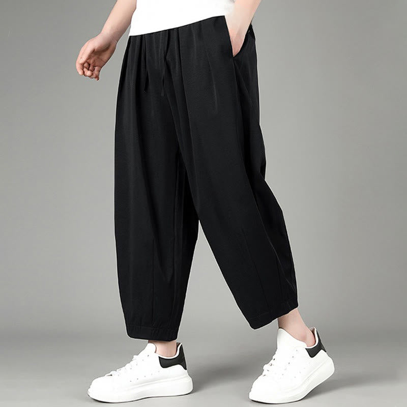 Buddha Stones Summer Casual Minimalist Drawstring Solid Capri Pants Men's Harem Pants With Pockets