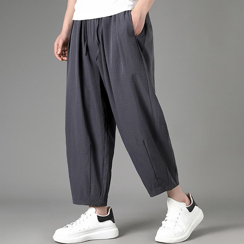 Buddha Stones Summer Casual Minimalist Drawstring Solid Capri Pants Men's Harem Pants With Pockets