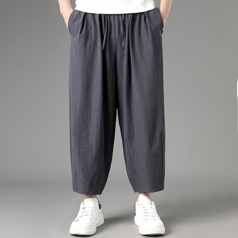 Buddha Stones Summer Casual Minimalist Drawstring Solid Capri Pants Men's Harem Pants With Pockets