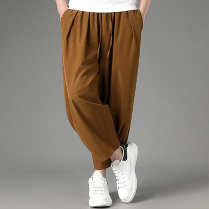 Buddha Stones Summer Casual Minimalist Drawstring Solid Capri Pants Men's Harem Pants With Pockets