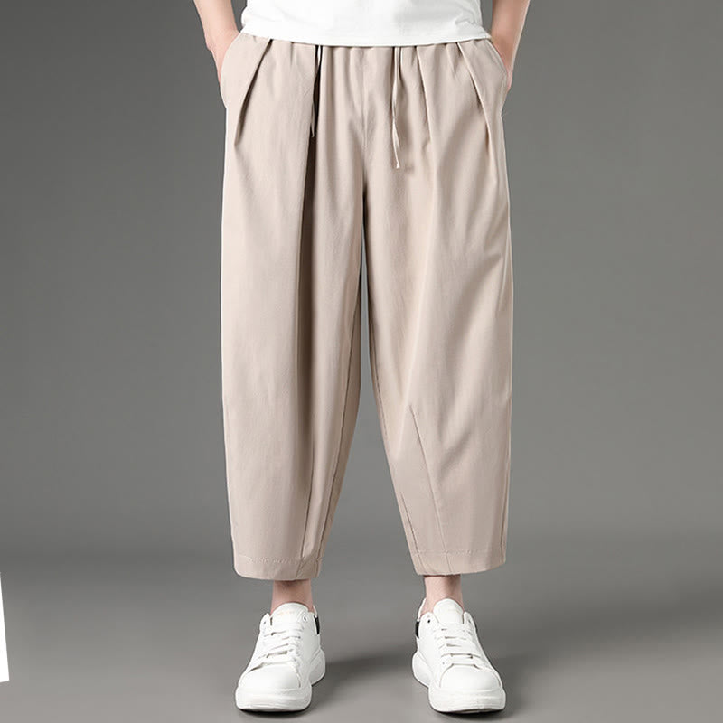 Buddha Stones Summer Casual Minimalist Drawstring Solid Capri Pants Men's Harem Pants With Pockets