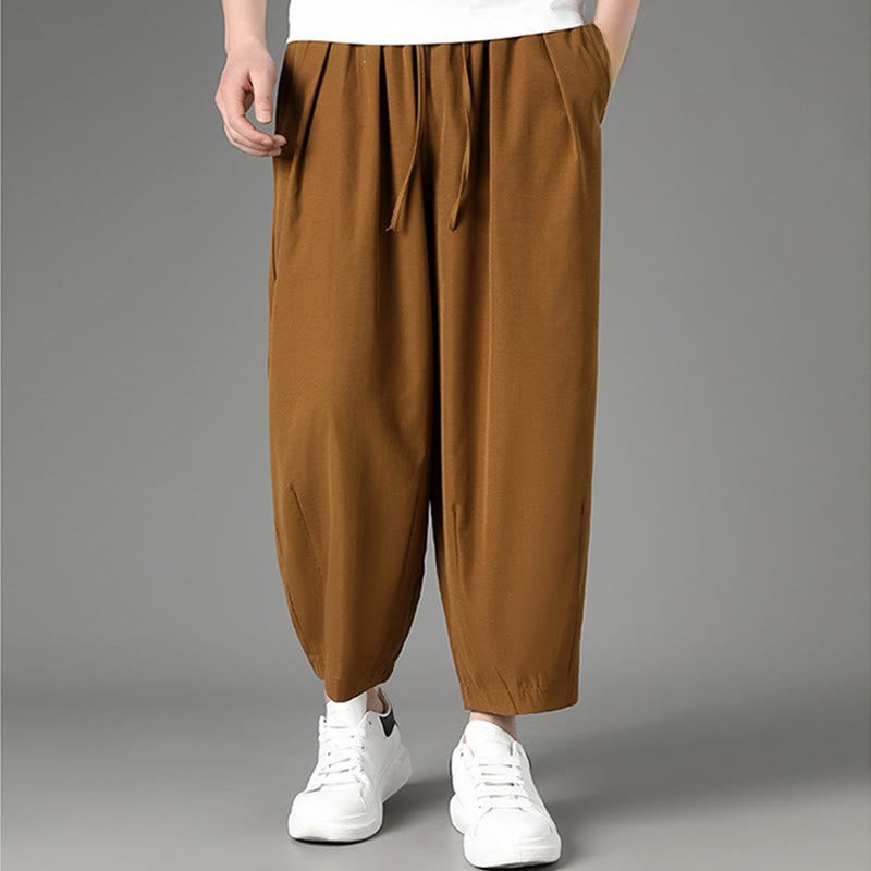 Buddha Stones Summer Casual Minimalist Drawstring Solid Capri Pants Men's Harem Pants With Pockets