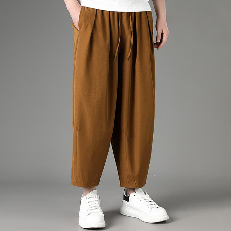 Buddha Stones Summer Casual Minimalist Drawstring Solid Capri Pants Men's Harem Pants With Pockets