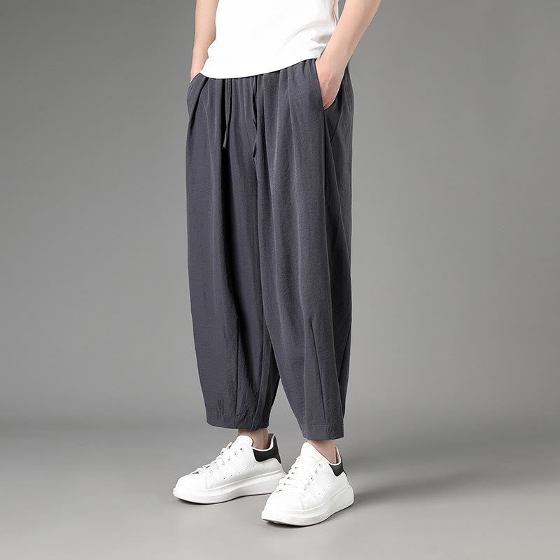 Buddha Stones Summer Casual Minimalist Drawstring Solid Capri Pants Men's Harem Pants With Pockets