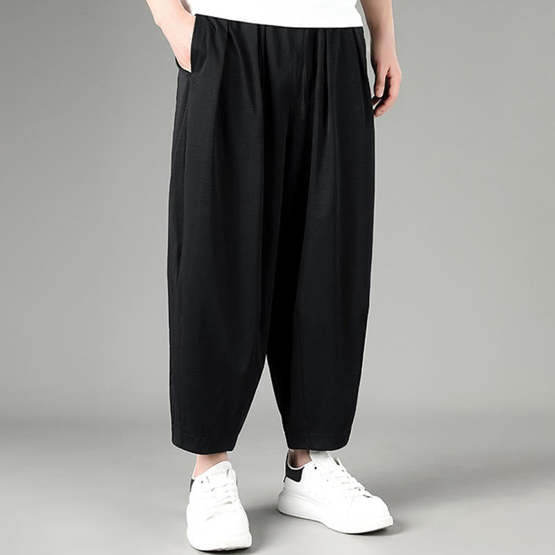 Buddha Stones Summer Casual Minimalist Drawstring Solid Capri Pants Men's Harem Pants With Pockets