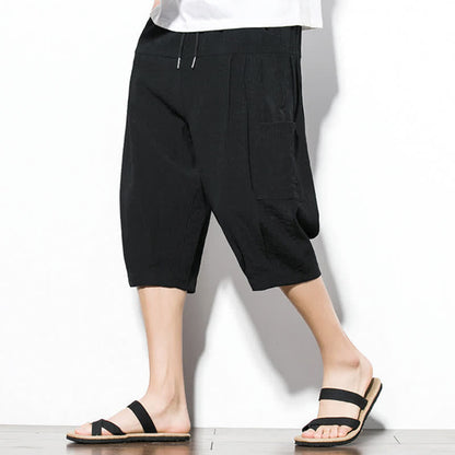Buddha Stones Summer Casual Minimalist Drawstring Solid Men's Cropped Pants With Pocket