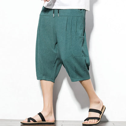 Buddha Stones Summer Casual Minimalist Drawstring Solid Men's Cropped Pants With Pocket