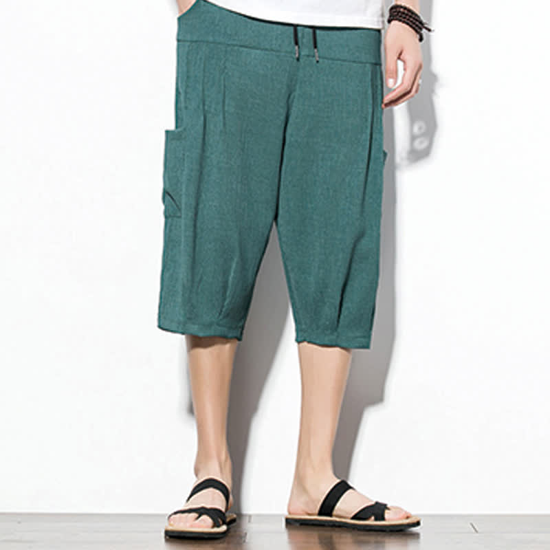 Buddha Stones Summer Casual Minimalist Drawstring Solid Men's Cropped Pants With Pocket