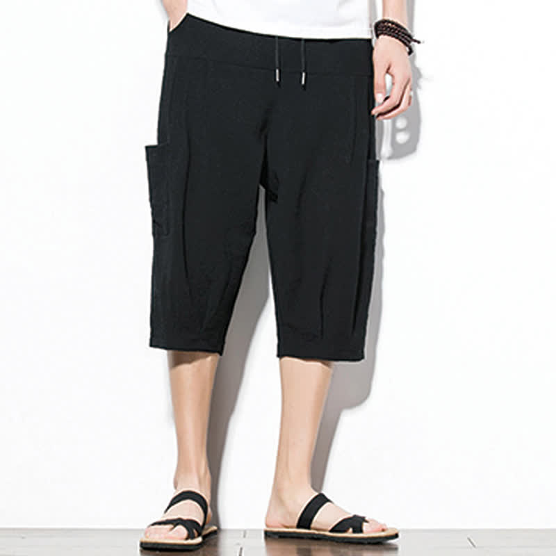 Buddha Stones Summer Casual Minimalist Drawstring Solid Men's Cropped Pants With Pocket
