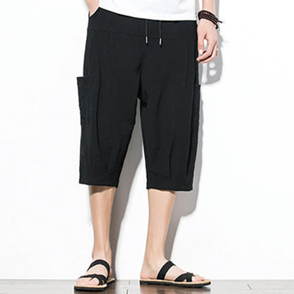 Buddha Stones Summer Casual Minimalist Drawstring Solid Men's Cropped Pants With Pocket