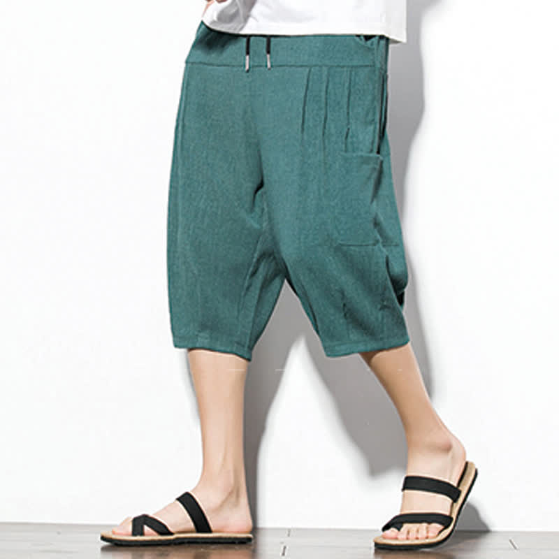 Buddha Stones Summer Casual Minimalist Drawstring Solid Men's Cropped Pants With Pocket