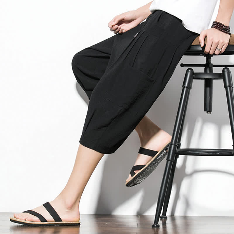 Buddha Stones Summer Casual Minimalist Drawstring Solid Men's Cropped Pants With Pocket