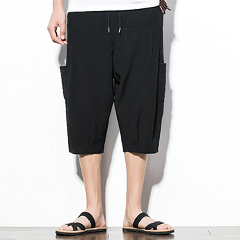 Buddha Stones Summer Casual Minimalist Drawstring Solid Men's Cropped Pants With Pocket