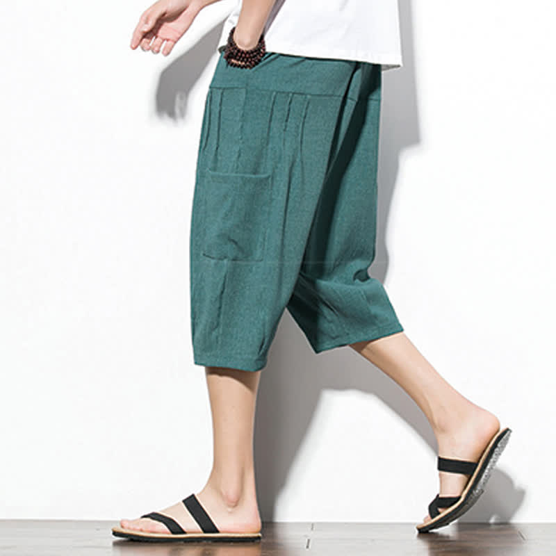Buddha Stones Summer Casual Minimalist Drawstring Solid Men's Cropped Pants With Pocket