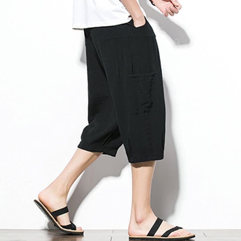 Buddha Stones Summer Casual Minimalist Drawstring Solid Men's Cropped Pants With Pocket