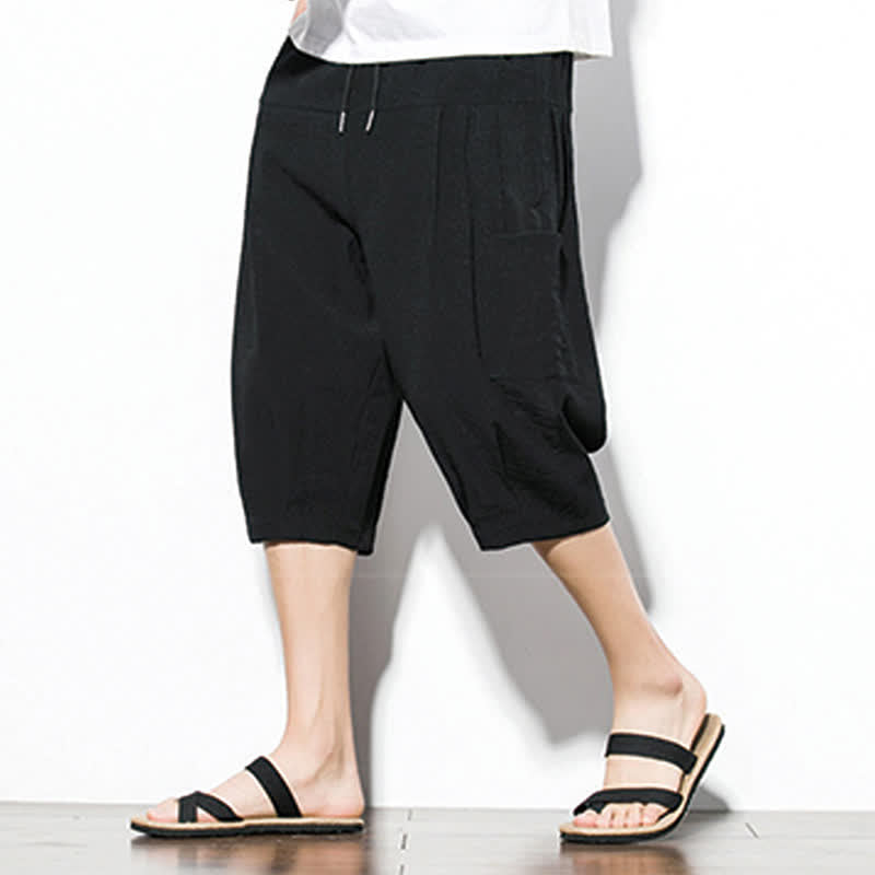 Buddha Stones Summer Casual Minimalist Drawstring Solid Men's Cropped Pants With Pocket