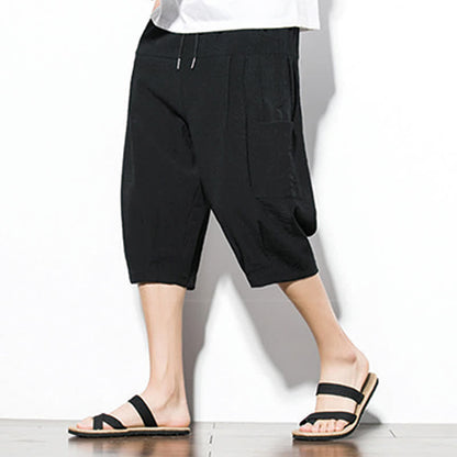 Buddha Stones Summer Casual Minimalist Drawstring Solid Men's Cropped Pants With Pocket